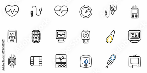 Collection of modern medical devices and diagnostic equipment icons representing health monitoring, patient care, and scientific research innovation