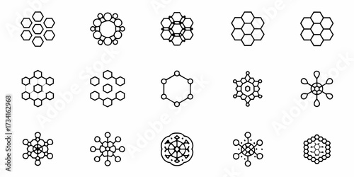Captivating collection of abstract geometric molecular structures and snowflake-like designs, perfect for scientific, technological, or decorative themes, offering modern visual appeal.