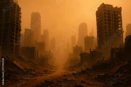 Collapsed skyscrapers and ruined streets shrouded in orange dust, depicting a dystopian post-apocalyptic world after destruction..