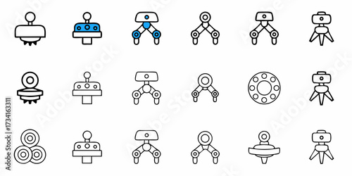 Dynamic collection of modern technology icons showcasing robotic arms, sensors, and mechanical components for innovative digital and industrial applications