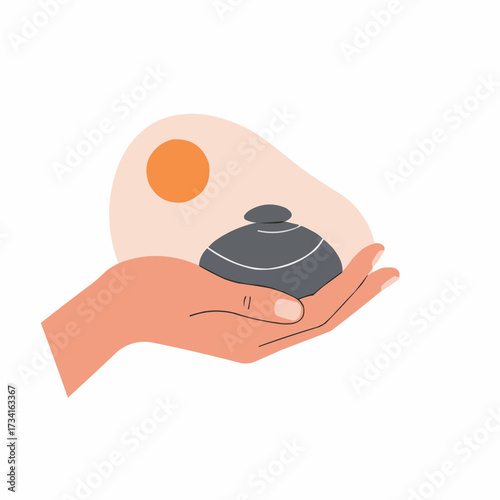 Hand holding rounded object with sun graphic in minimalist style  