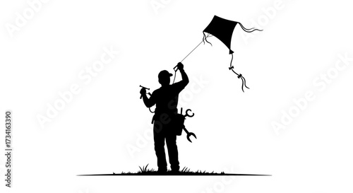 Skilled tradesman launching kite symbolizing ambition and achievement in open air