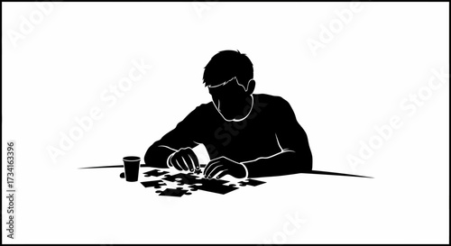 Focused individual meticulously assembling jigsaw puzzle pieces for mental challenge and relaxation