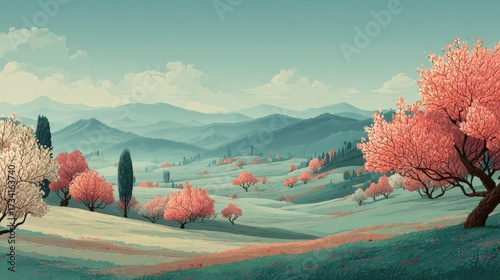 Serene Landscape with Blossom Trees and Rolling Hills in Spring Light