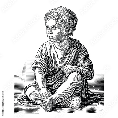 Contemplative Child in Classical Roman Style Engraving