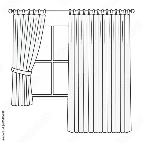 Line art of a window with open and closed curtains, suitable for architectural plans or interior design concepts, providing privacy and light control elements