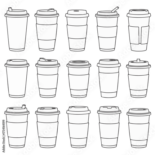 Collection of various types of disposable paper coffee cups with lids and sleeves, perfect for beverages, cafes, and on-the-go consumption