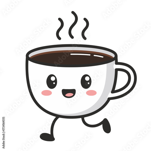 Happy running coffee cup with a cute kawaii smiling face. An energetic hot drink mascot illustration for a morning boost, cafe brand, or fun beverage character