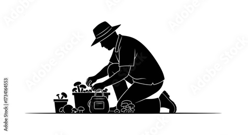 Skilled farmer harvesting fresh mushrooms in a bountiful field, perfect for organic food concepts