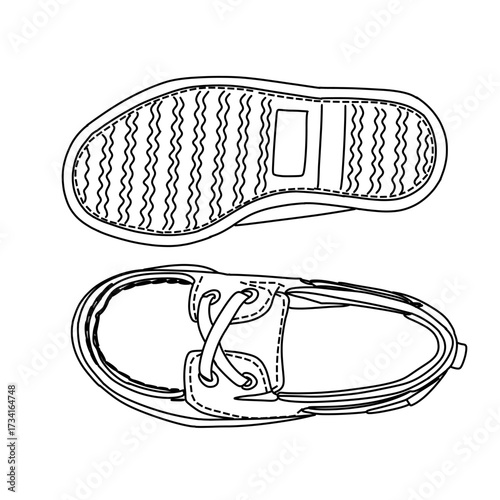 Black and white drawing of a boat shoe, showcasing the top view and the sole with detailed tread.
