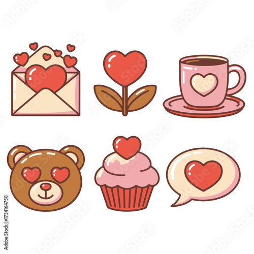 Set of charming and adorable Valentine's Day icons featuring hearts, a teddy bear, a cupcake, an envelope, and a coffee cup for romantic celebrations