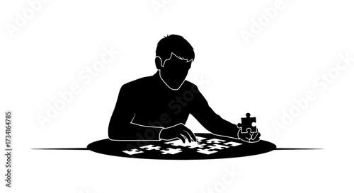 Focused individual meticulously assembling a jigsaw puzzle, symbolizing problem-solving and concentration.