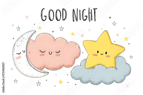 Cute Kids Cartoon Good Night Illustration with Moon and Stars