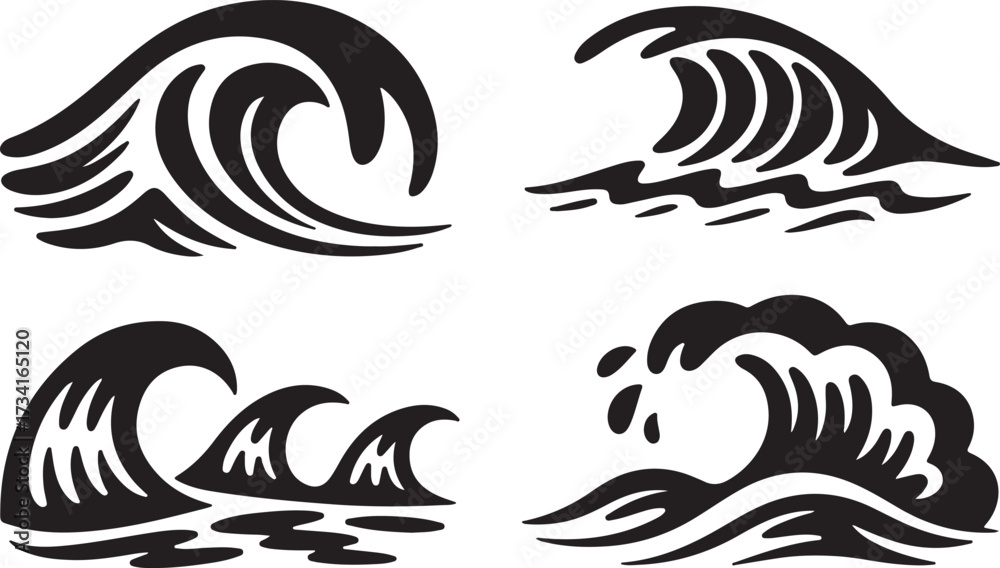 Fototapeta premium Set of Ocean Wave Silhouettes Illustration Concept