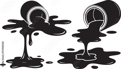 Pouring Liquid Paint from Buckets with Splashes of Black Paint on Transparent Backdrop
