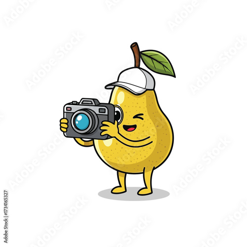 Vector illustration of cute cartoon pear wearing a baseball cap holding a camera and taking a picture