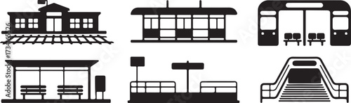 Public Transport Silhouette Vector Illustration. Station Infrastructure Black Icon.