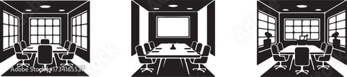 Conference Room Vector Interior Illustration. Corporate Meeting Space Black Icon.