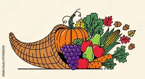 Autumn cornucopia (horn of plenty) with pumpkins. Vector illustration.
