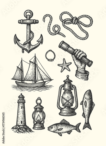 Vintage nautical illustration with anchor, rope, lighthouse, ship, lantern, fish, and sea symbols.