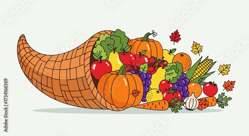 Autumn cornucopia (horn of plenty) with pumpkins. Vector illustration.