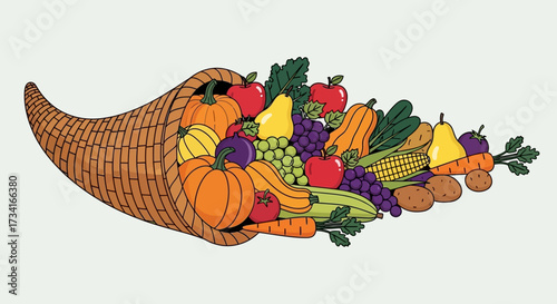 Autumn cornucopia (horn of plenty) with pumpkins. Vector illustration.