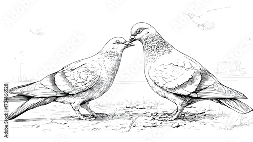 Graceful Pigeon Feeding in Park - Vector Illustration