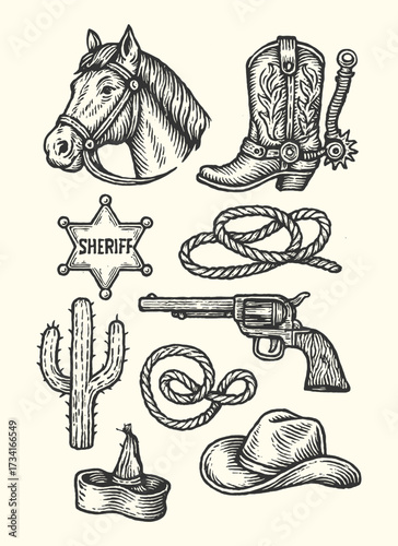 Vintage Western set illustration with cowboy hat, boots, horse, sheriff badge, rope, and revolver.