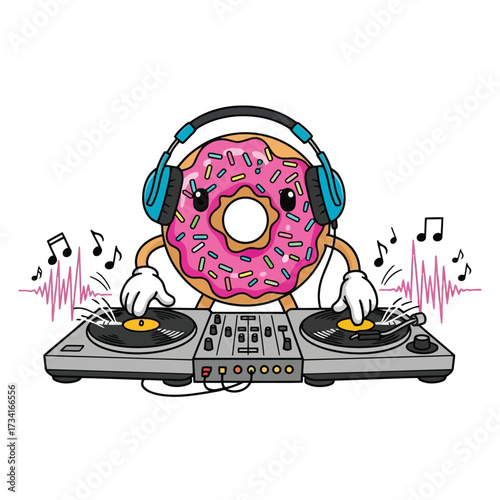 Vector illustration of a cartoon donut wearing headphones, djing on turntables with musical notes and sound waves, isolated on a