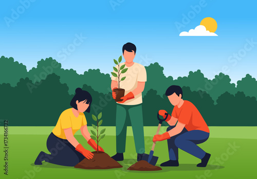 Community volunteers collaborate to plant trees in a vibrant green park, fostering environmental sustainability and promoting a healthier planet through collective action