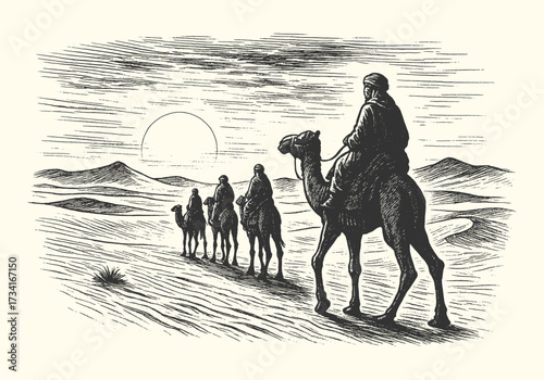 Vintage engraved scene of camels and riders crossing the desert at sunset in traditional style.