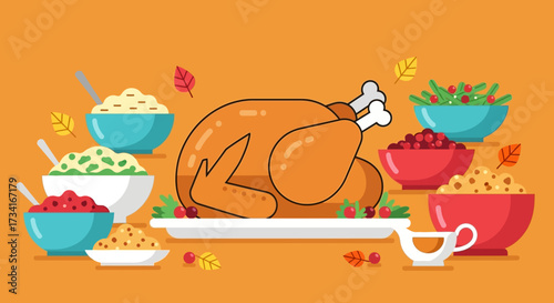 Illustration vector flat cartoon of food on happy Thanksgiving menu on dinner table setting as feast concept. Set of food on harvest festival on autumn. Roasted turkey and side dishes.