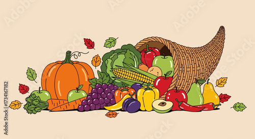 Autumn cornucopia (horn of plenty) with pumpkins. Vector illustration.
