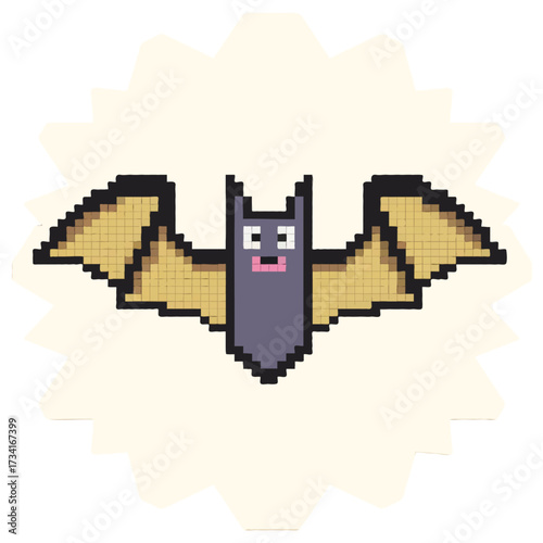 Pixel art bat flying with wings spread isolated on white background