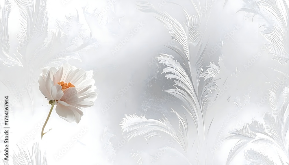 Obraz premium White Frost Pattern on Window Glass with Flower, Winter Ice Texture Background