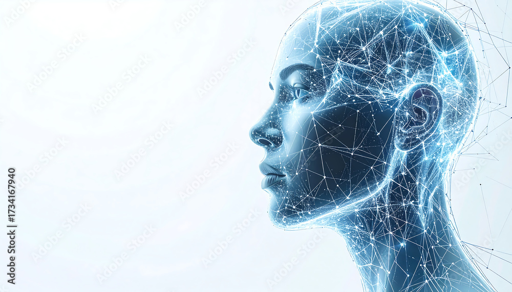 Obraz premium Abstract glowing neural network lines forming human face