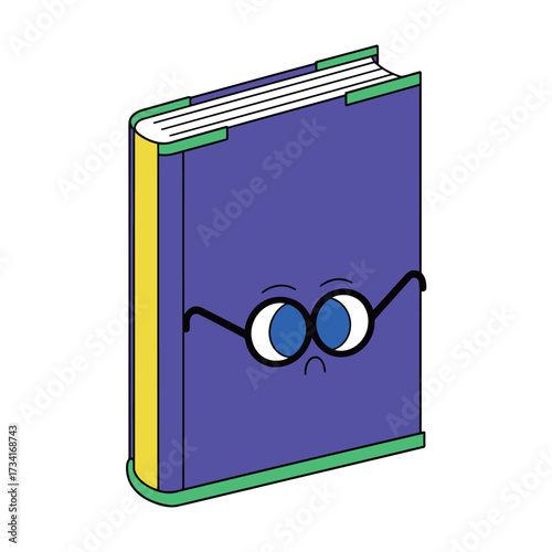 Serious and intellectual purple hardcover book character with yellow spine and green trim, wearing black glasses, illustrated in a colorful cartoon doodle style.