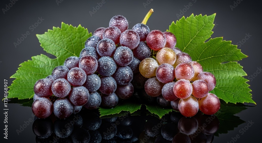 Obraz premium Luscious, ripe red and purple grapes with green leaves on a dark background. Dusted with moisture, the grapes evoke a fresh, juicy harvest. Ideal for wine, viticulture, or healthy eating concepts.