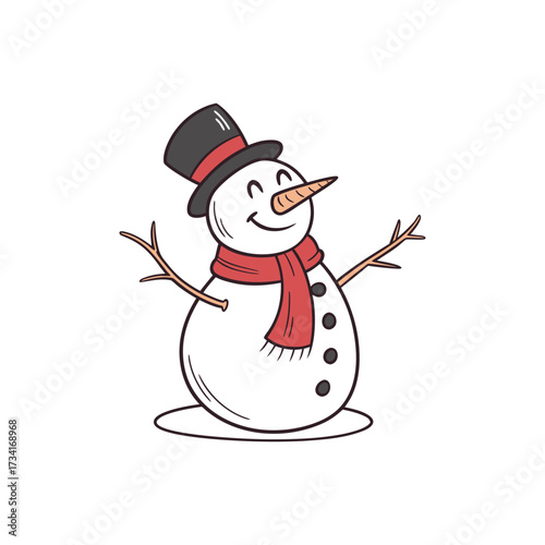 Snowman with Red Scarf and Black Hat Cartoon