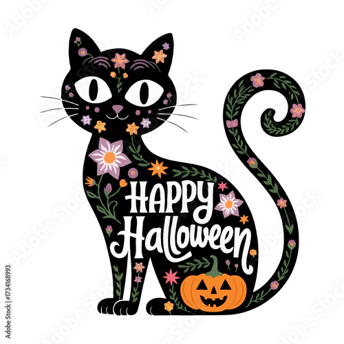 Black cat with floral patterns and pumpkin happy halloween isolated on white background