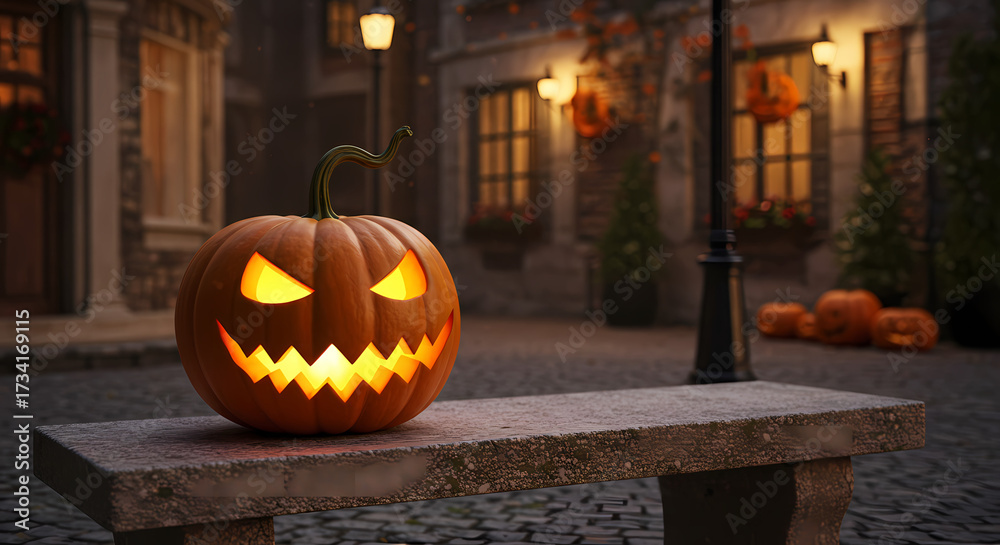 Obraz premium Glowing Jack-o'-Lantern on a Stone Bench in a Charming Cobblestone Street at Dusk, Halloween Theme