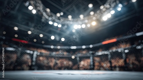 A dimly lit arena with a focus on a fighting cage, surrounded by bright lights and spectators, creating an atmosphere of anticipation and excitement, cute blurred sport frame