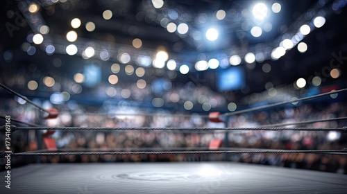 A dimly lit wrestling arena with a focus on the ring, surrounded by blurred lights and an enthusiastic crowd, cute blurred sport frame
