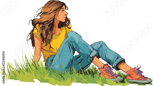Joyful Young Woman Relaxing on Grass in a Fun Outdoor Pose