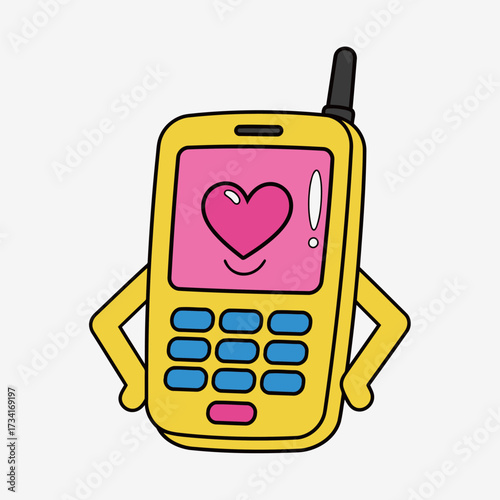 Yellow retro mobile phone character with a pink screen displaying a heart and a loving smile, illustrated in a cheerful, nostalgic cartoon doodle style.