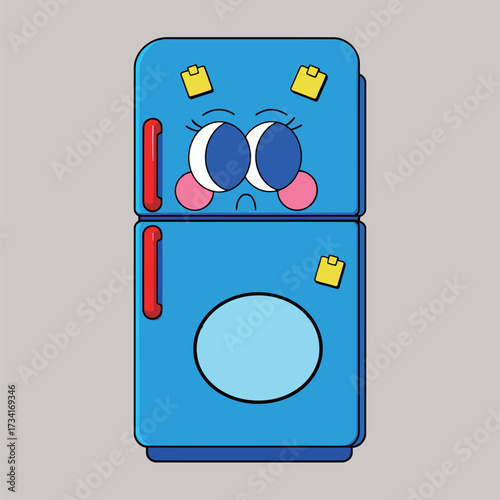 Sad blue refrigerator character with unhappy wide eyes and rosy cheeks, decorated with yellow magnets, drawn in a colorful retro cartoon doodle appliance style.