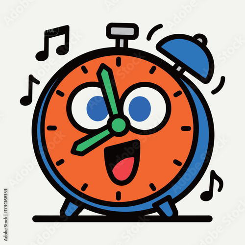 Cheerful orange and blue alarm clock character ringing loudly with musical notes floating around, illustrated in a vibrant, happy cartoon doodle style.