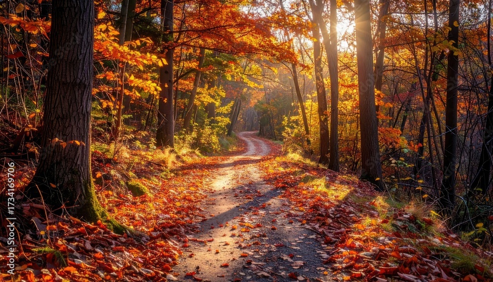 Obraz premium Autumn Forest Path With Sunlight Shining Through Trees and Fallen Leaves Covering the Ground in a Serene and Warm Environment