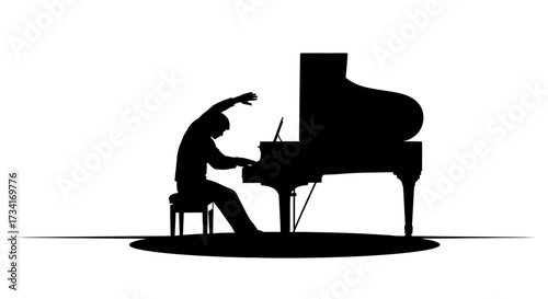 Dynamic silhouette of a passionate pianist performing on a grand piano with expressive arm movement