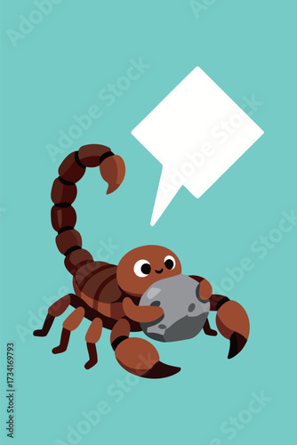 Friendly brown scorpion character holding a grey rock with its pincers and a blank speech bubble above, illustrated in a playful flat design vector style on blue background.